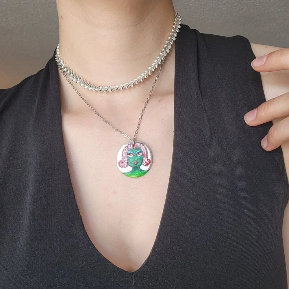 Unique colourful green witch pendant on a dainty silver chain - Picture 12 of 13